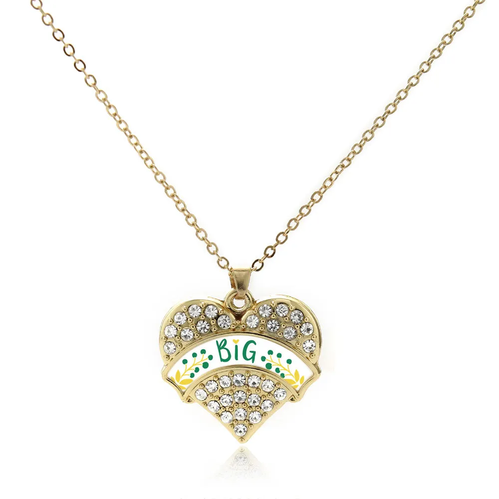 Gold Emerald Green and Canary Yellow Big Pave Heart Charm Classic Necklace