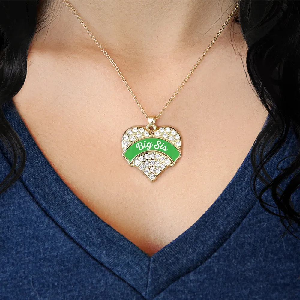 Gold Emerald Green Big Sister Pave Heart Charm Classic Necklace