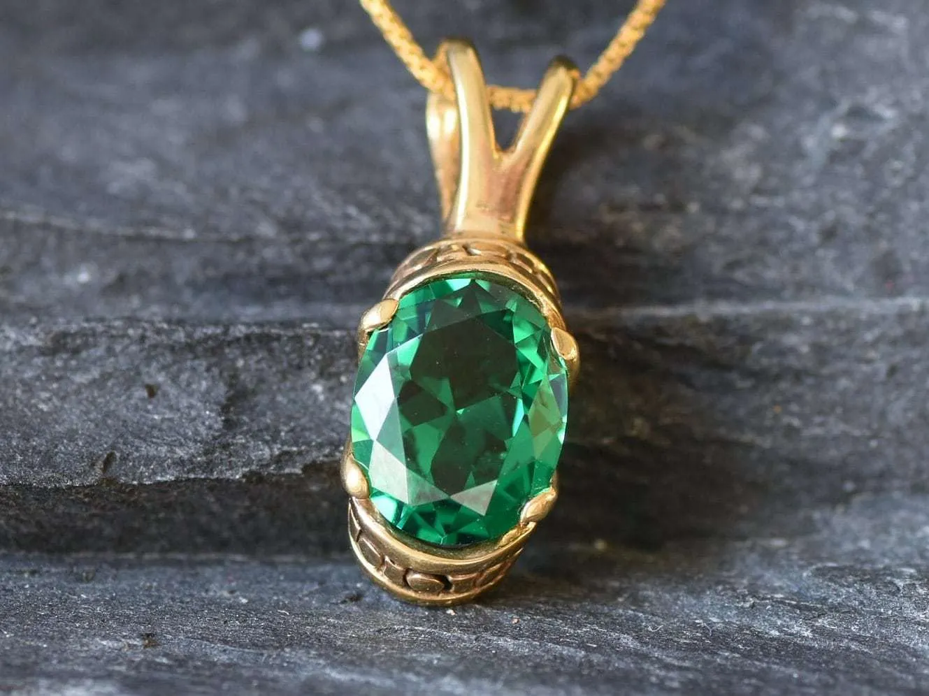 Gold Emerald Pendant - Vintage Emerald Necklace - Green Boho Necklace