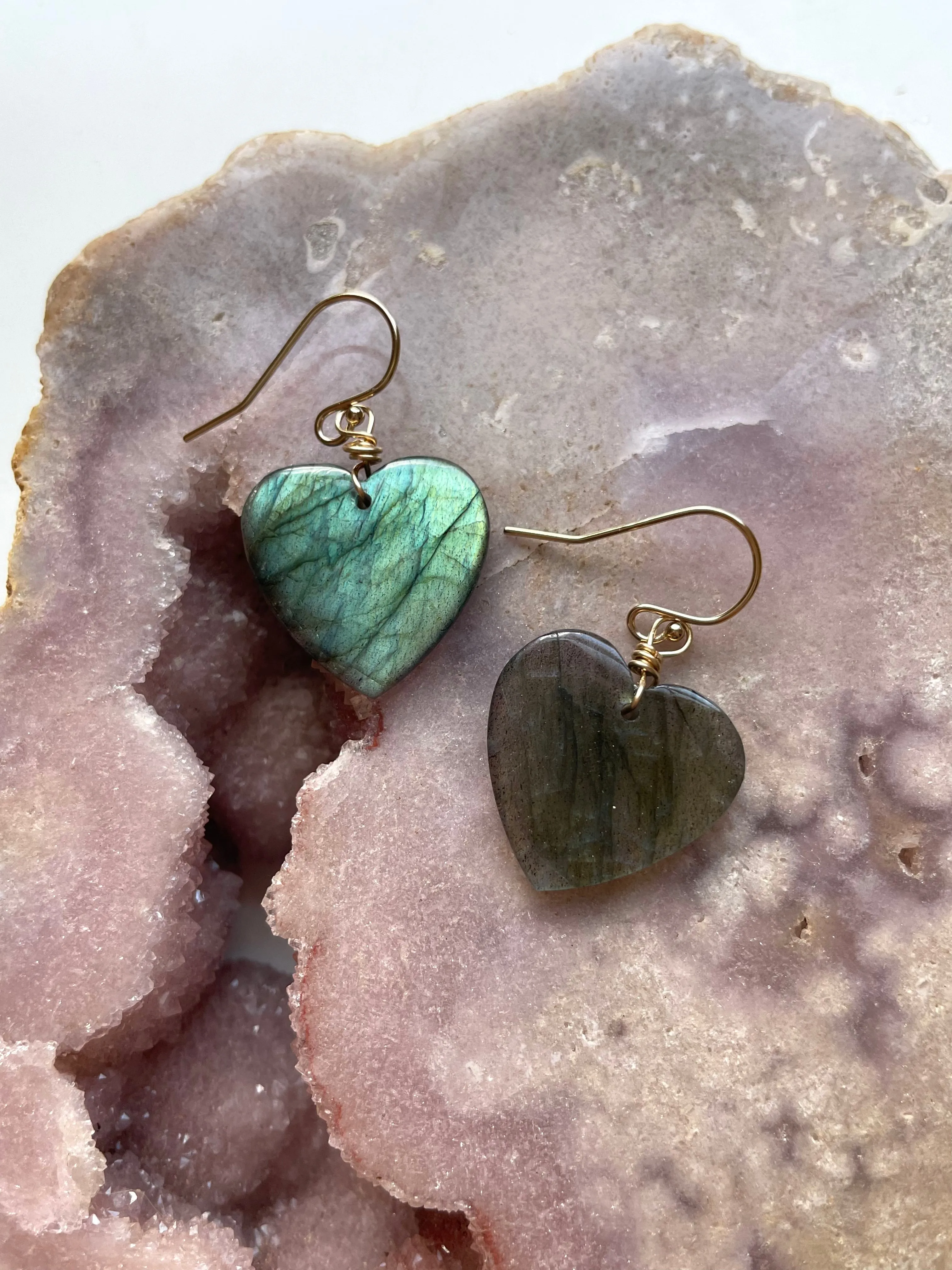 Gold Labradorite Heart Dangle Drop Crystal Earrings