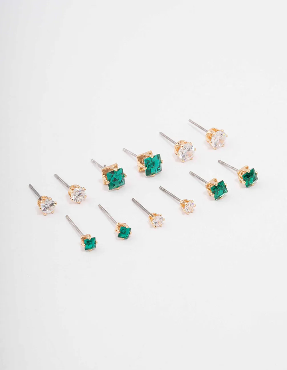 Gold Mixed Emerald Cubic Zirconia Stud Earring 6-Pack