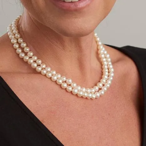 Gratia double strand white almost round cultured freshwater pearl necklace