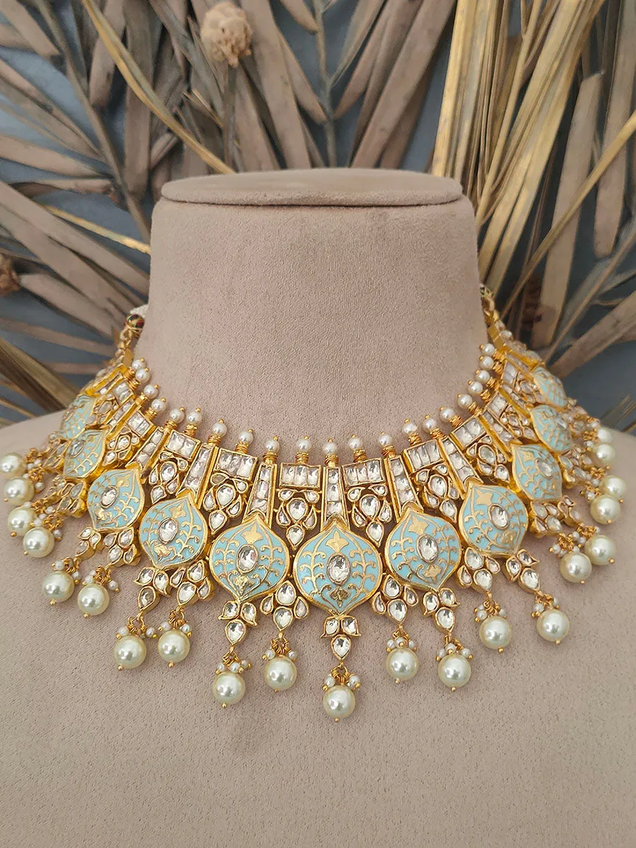 Green Color Gold Plated Jadau Kundan Bridal Necklace Set - MS1350A