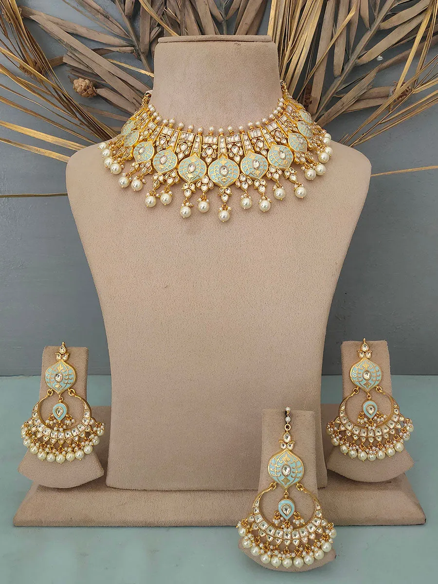 Green Color Gold Plated Jadau Kundan Bridal Necklace Set - MS1350A