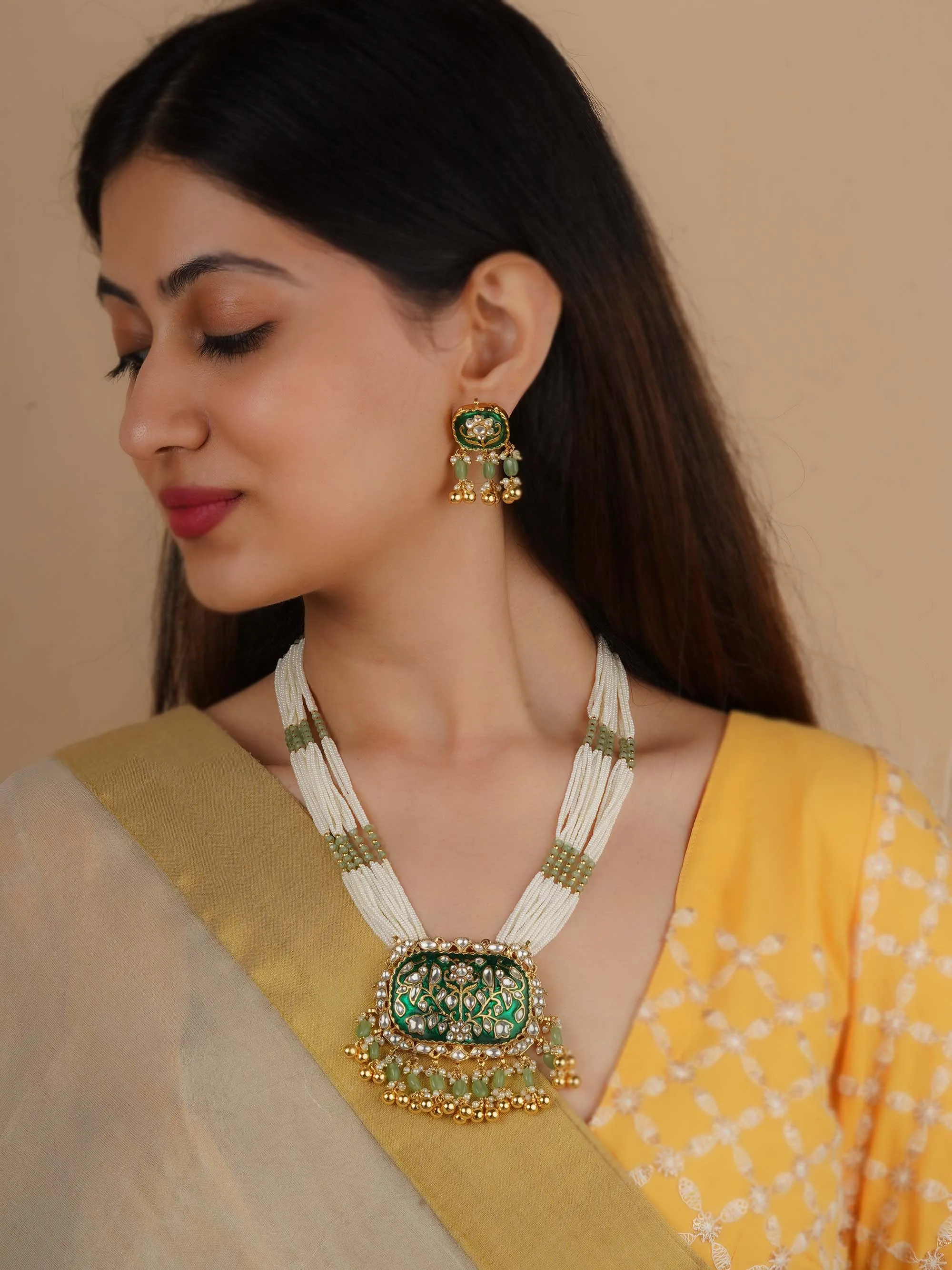 Green Color Gold Plated Jadau Kundan Necklace Set - MS2189GR