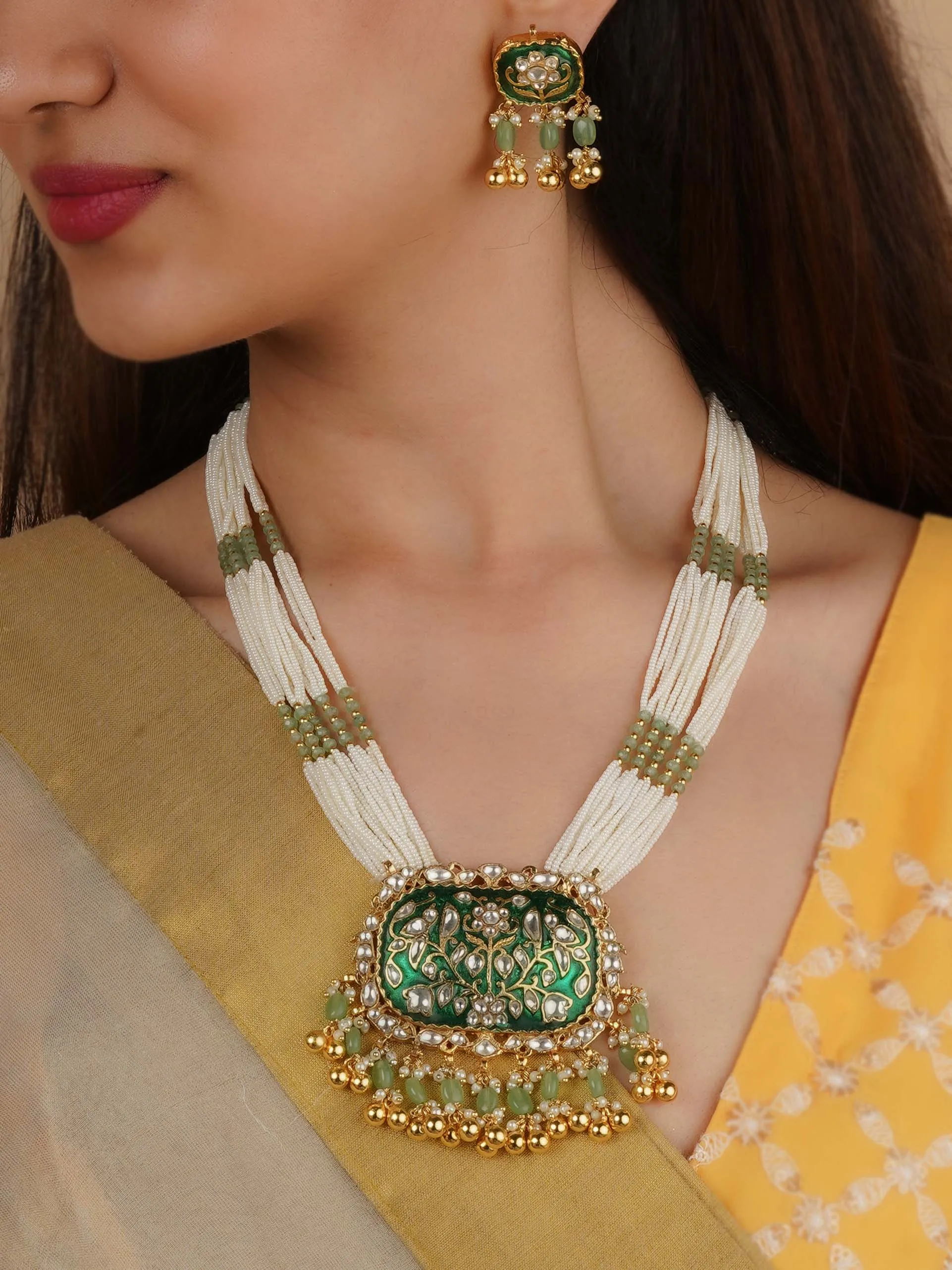 Green Color Gold Plated Jadau Kundan Necklace Set - MS2189GR