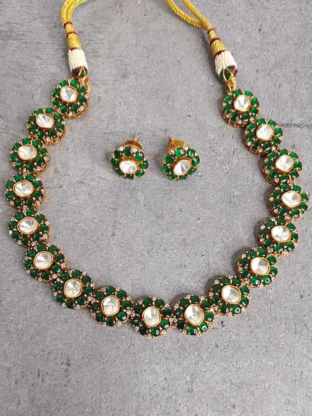 Green Colored Kundan Necklace And Earring Set