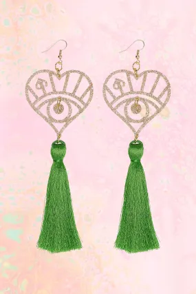 Green Silk Tassel and Gold Glitter Earrings