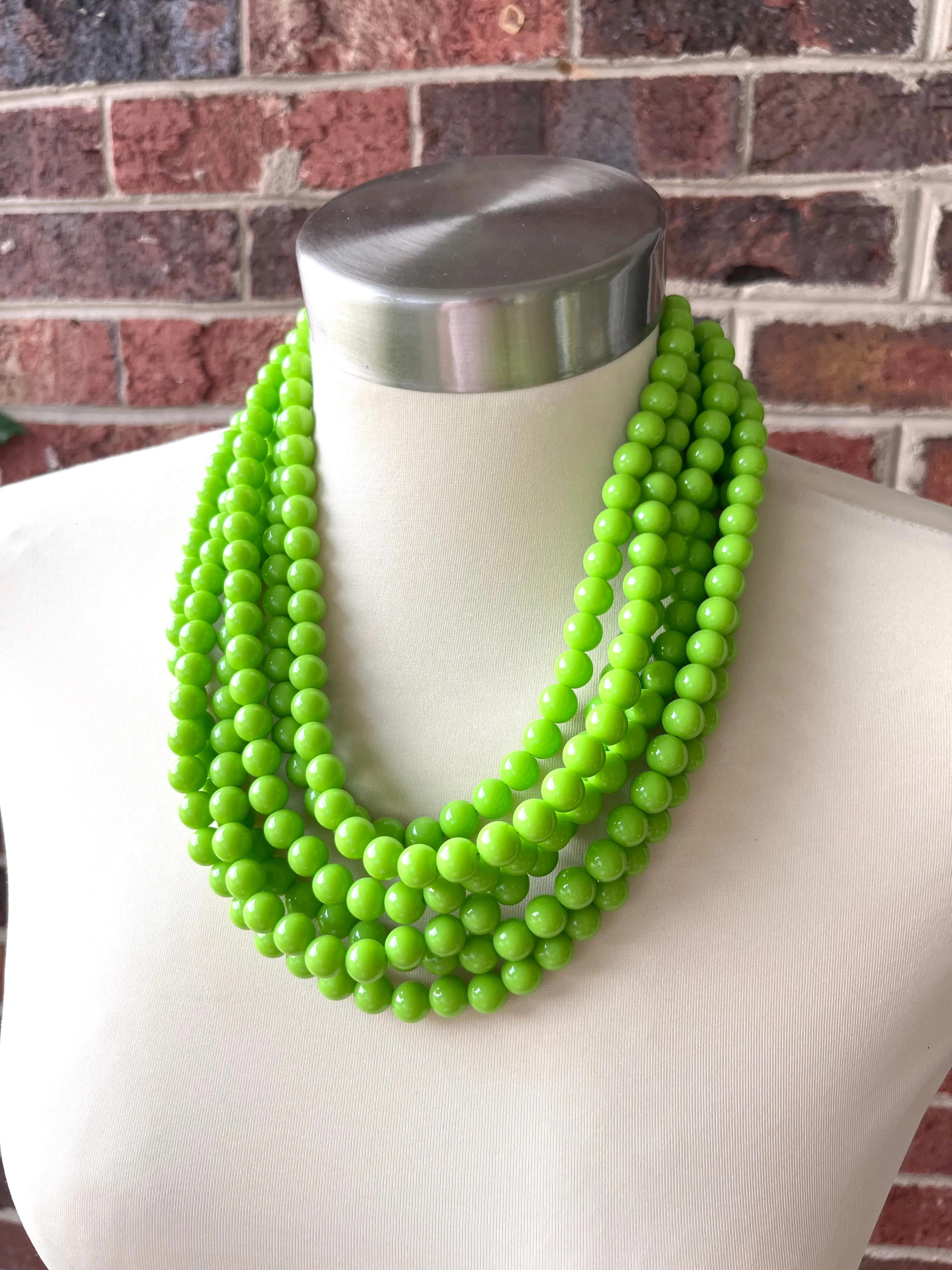 Green Yellow Acrylic Lucite Bead Chunky Multi Strand Statement Necklace - Alana