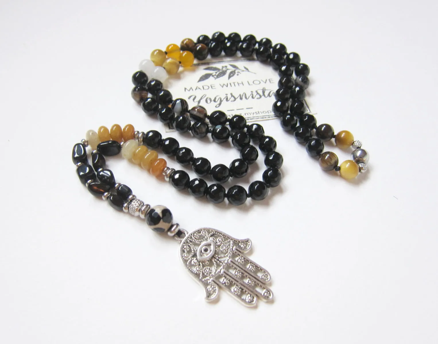 Grounding, Protection Mala in Hamsa Pendant Necklace for Him or Her