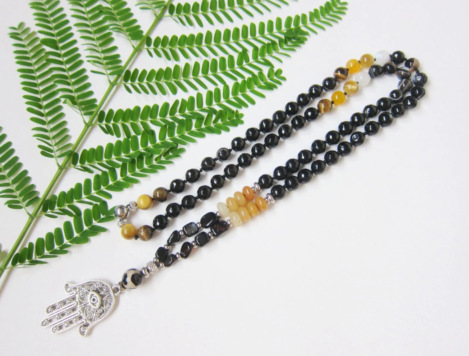 Grounding, Protection Mala in Hamsa Pendant Necklace for Him or Her