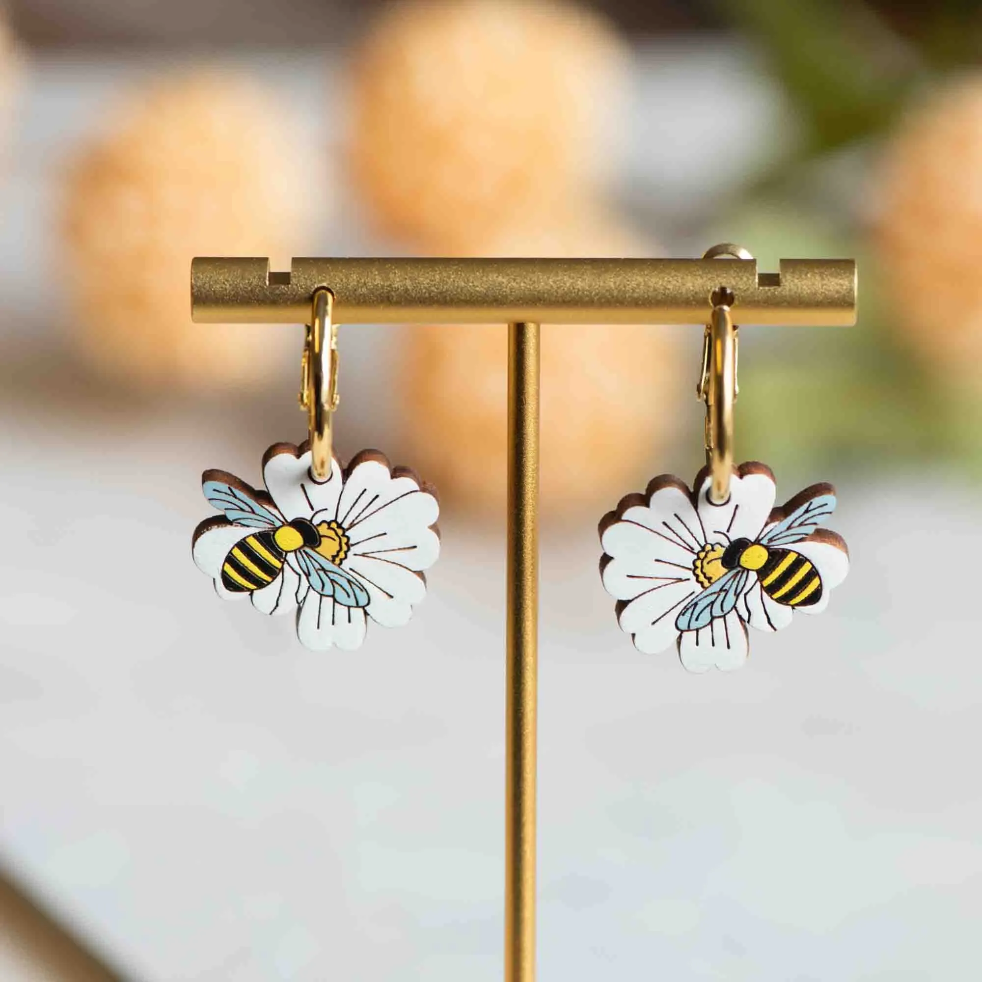 Hand-Painted Bee and Flower Hoop Earrings - PEO14119H