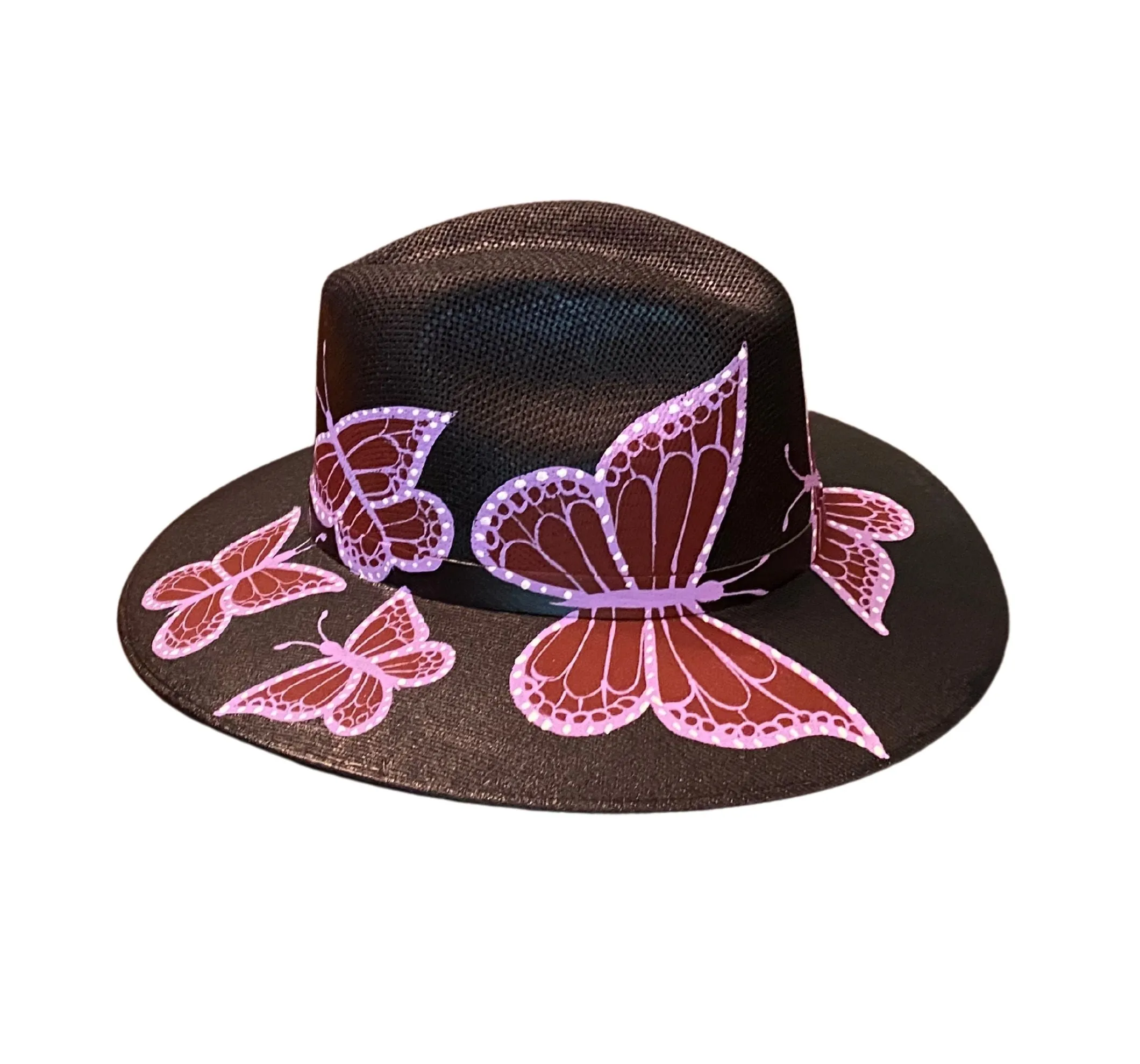 Hand-painted Hat from Mexico - Butterflies -Black, Purple