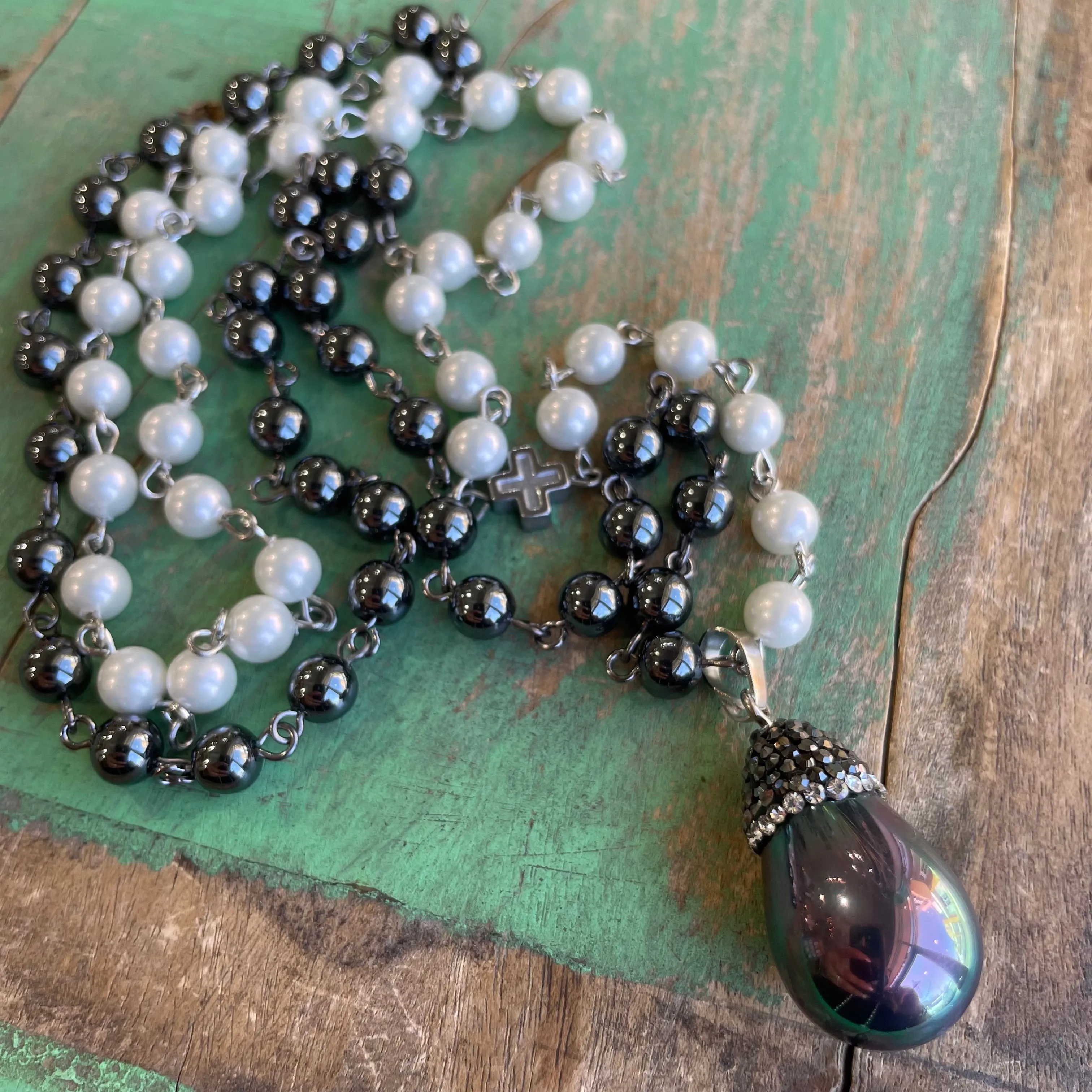 Hematite and Pearl Drop Necklace