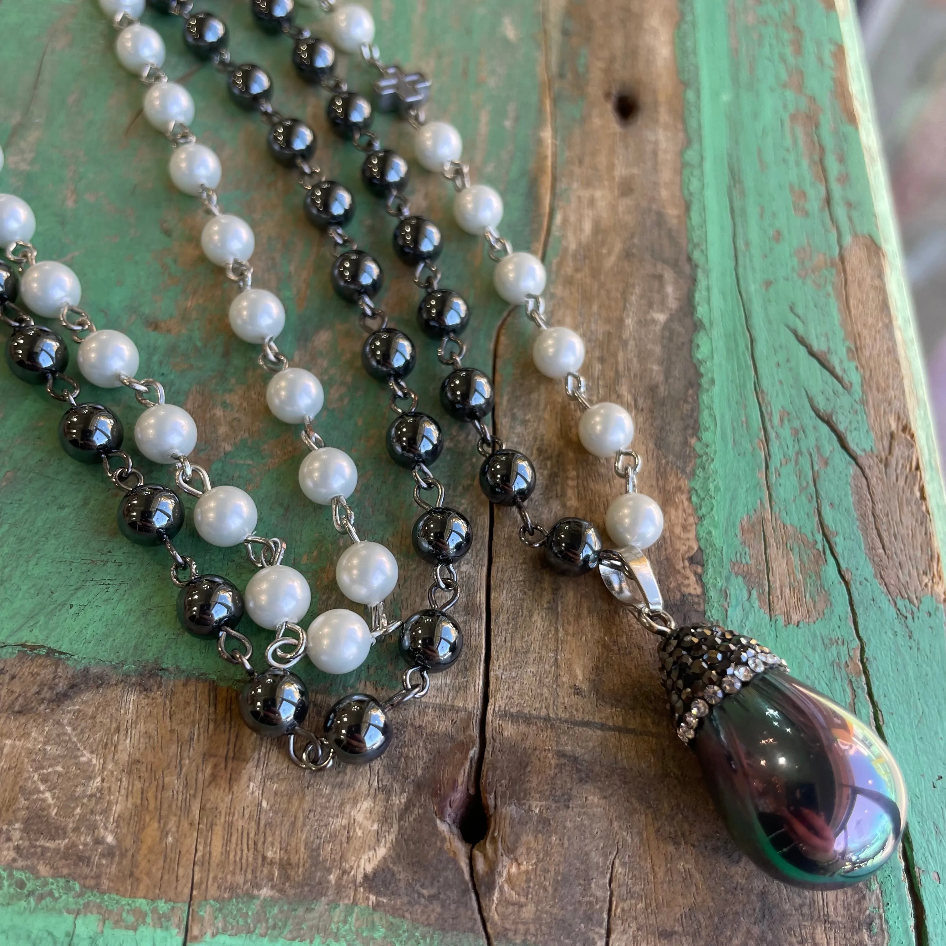 Hematite and Pearl Drop Necklace