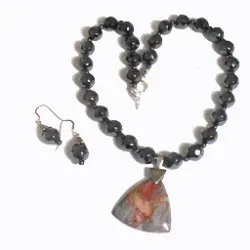 Hematite Beaded Necklace with Jasper Pendant and Earrings