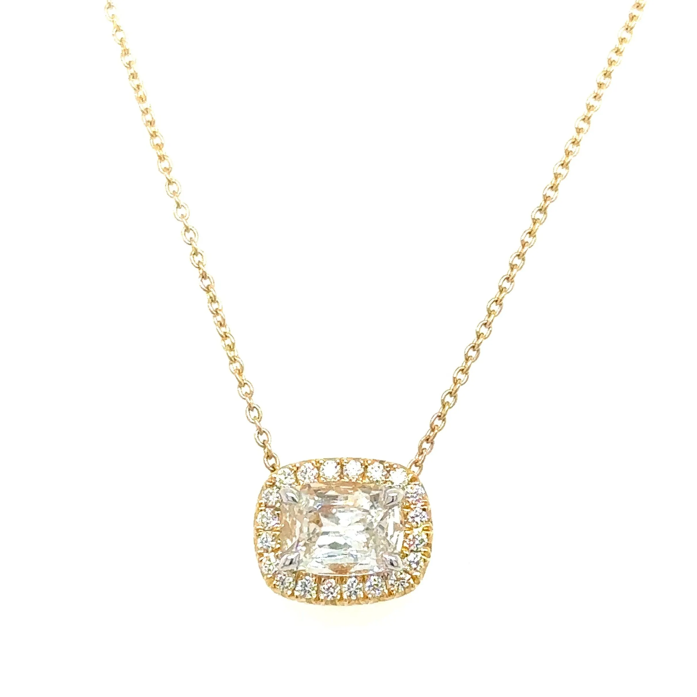 Henri Daussi Designer Signed 0.82ct t.w. Diamond Cushion Brilliant Cut Halo East - West Set Solitaire Pendant Necklace