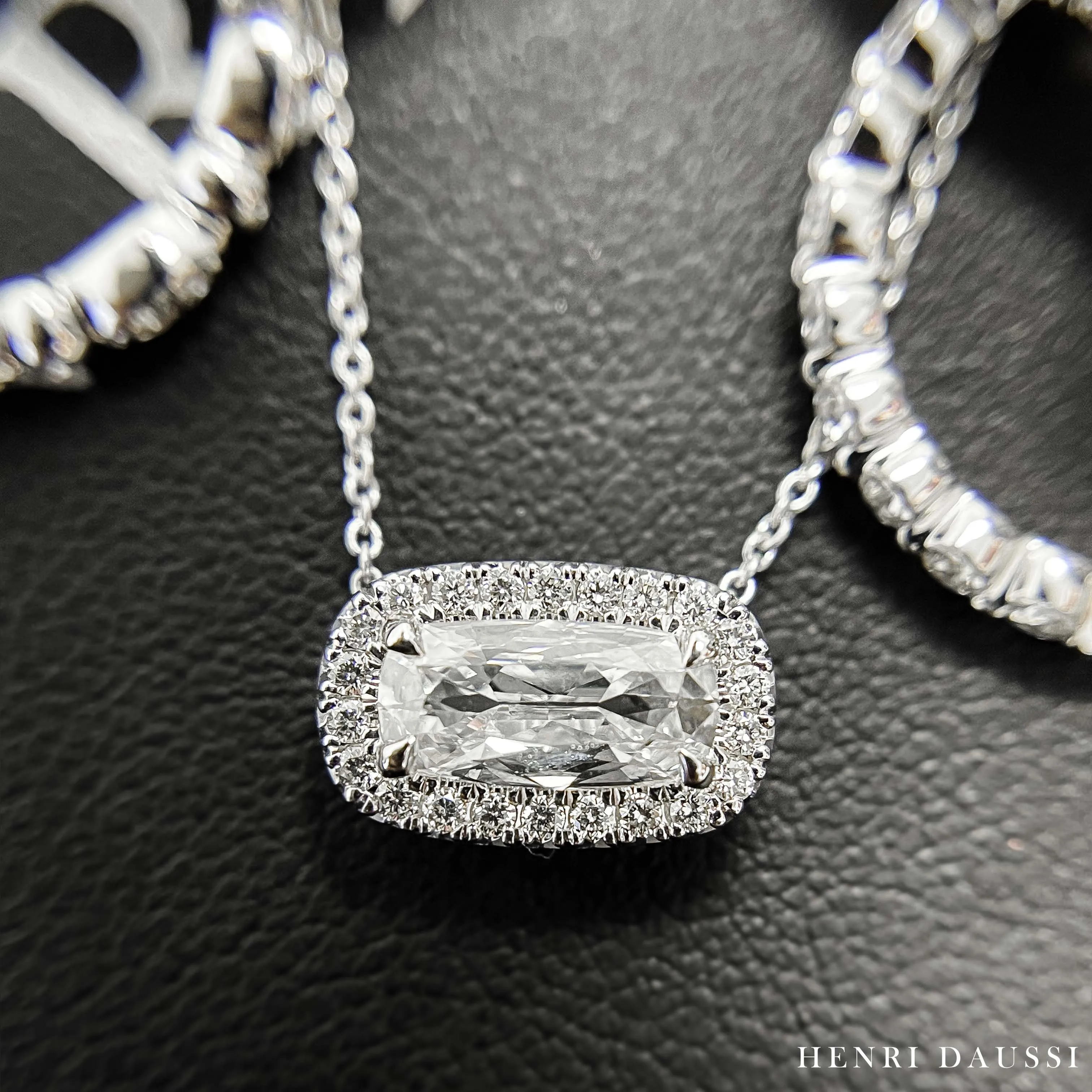 Henri Daussi Designer Signed 0.82ct t.w. Diamond Cushion Brilliant Cut Halo East - West Set Solitaire Pendant Necklace