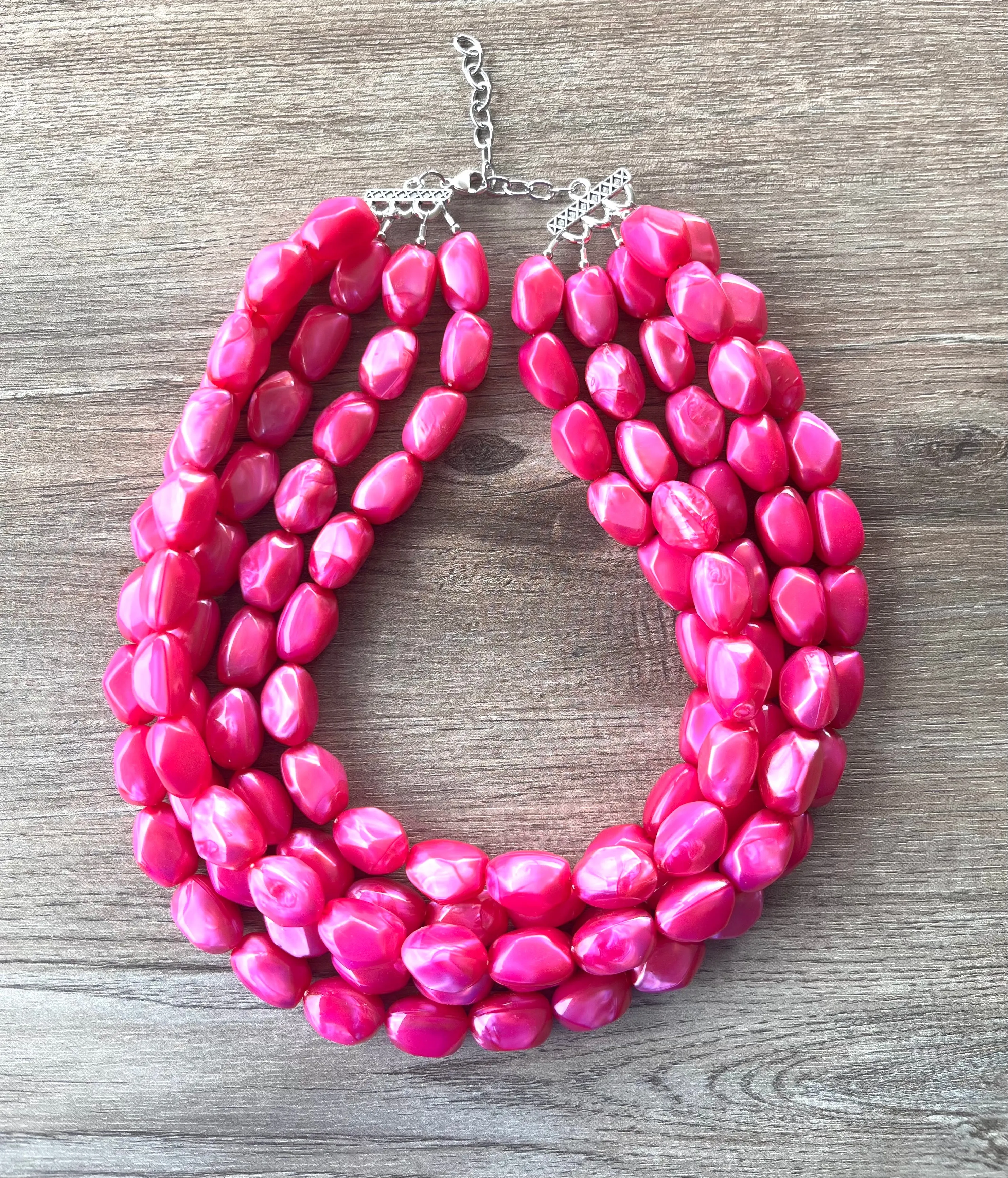 Hot Pink Lucite Acrylic Bead Chunky Multi Strand Statement Necklace - Penelope