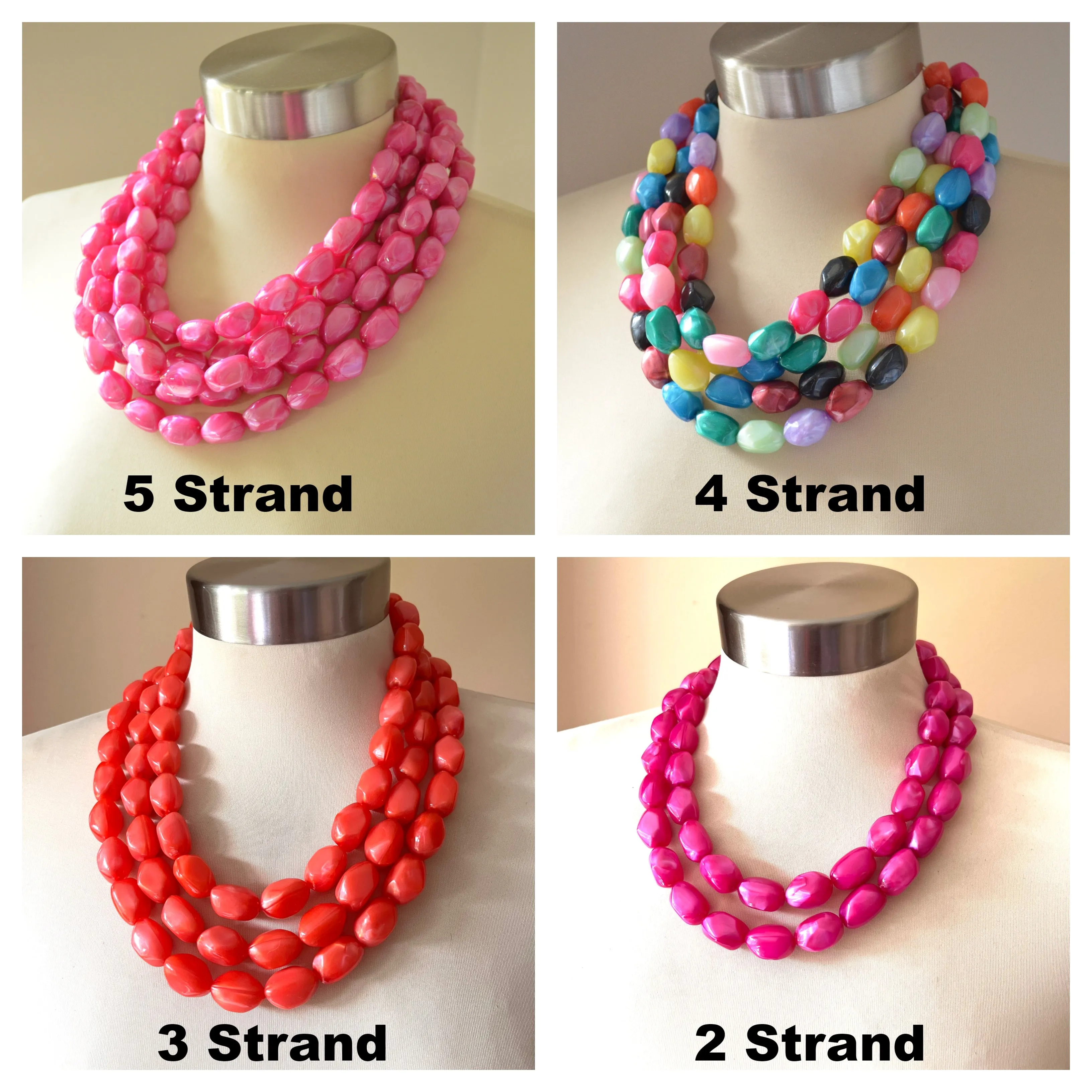 Hot Pink Lucite Acrylic Bead Chunky Multi Strand Statement Necklace - Penelope