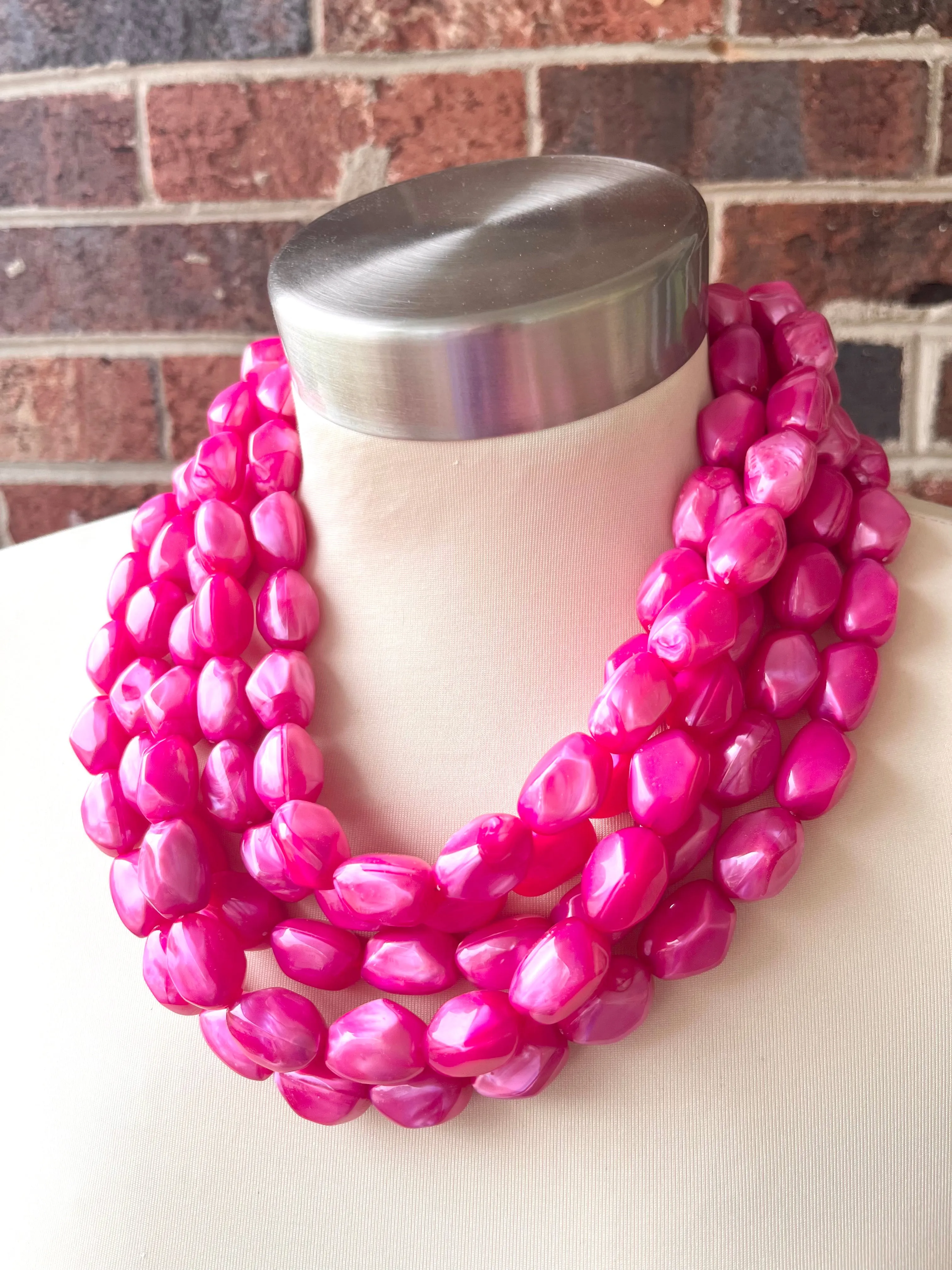 Hot Pink Lucite Acrylic Bead Chunky Multi Strand Statement Necklace - Penelope