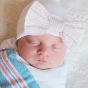 ilybean Seersucker Stripe Pink and White Bow Newborn Girl Hospital Hat Newborn Girl Hat