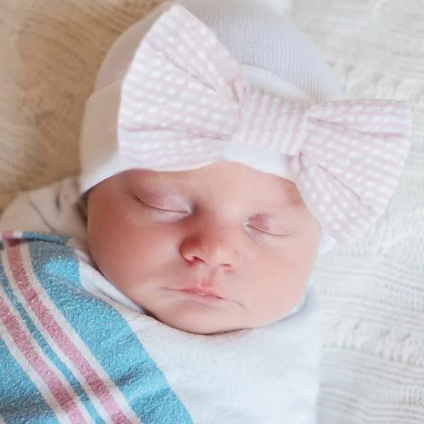 ilybean Seersucker Stripe Pink and White Bow Newborn Girl Hospital Hat Newborn Girl Hat