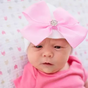 ilybean Vera Pink Bow on White Hospital Hat with Pink Ribbon Bow - newborn girl hat