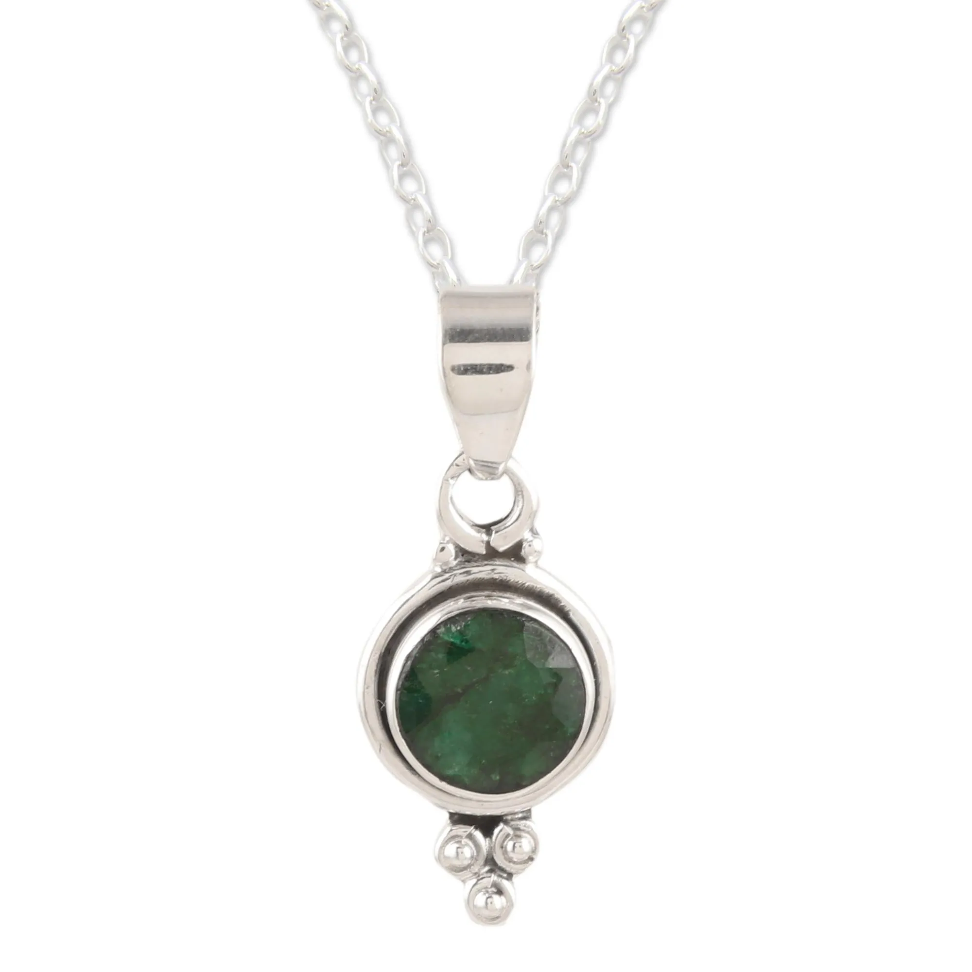 Indian Emerald and Sterling Silver Pendant Necklace - Air Bubble in Green | NOVICA