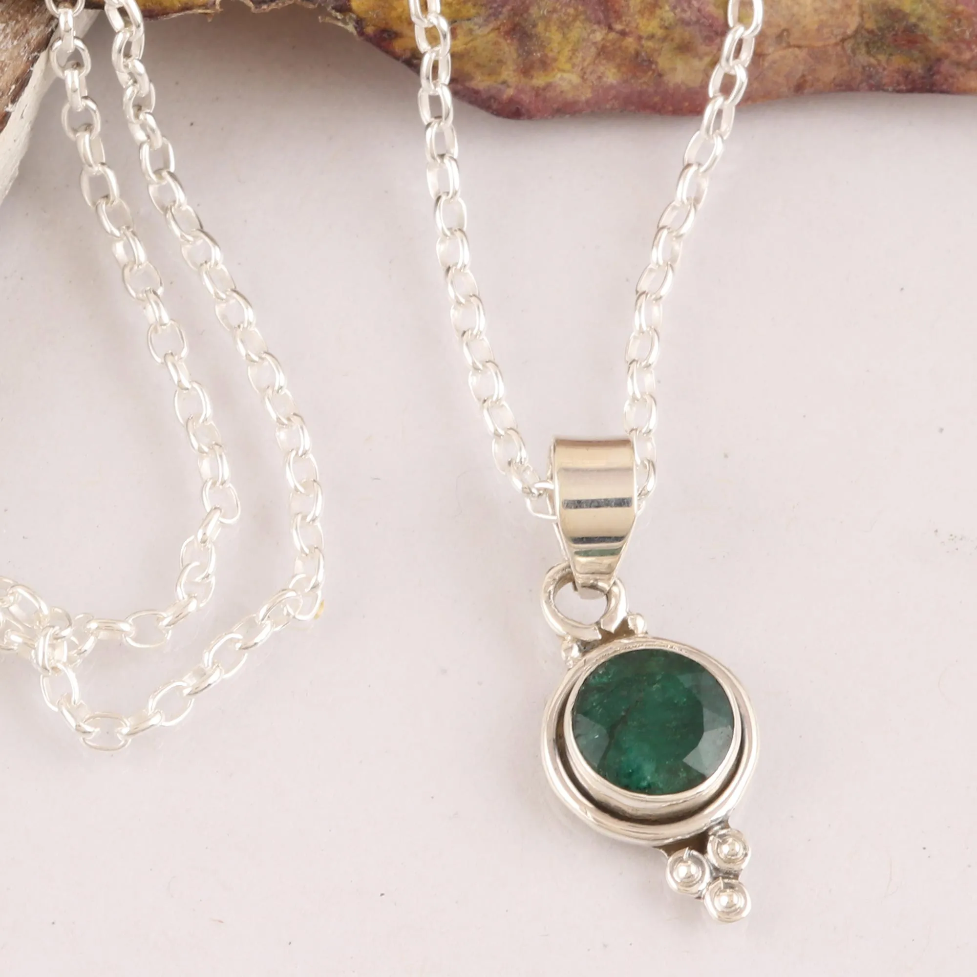 Indian Emerald and Sterling Silver Pendant Necklace - Air Bubble in Green | NOVICA