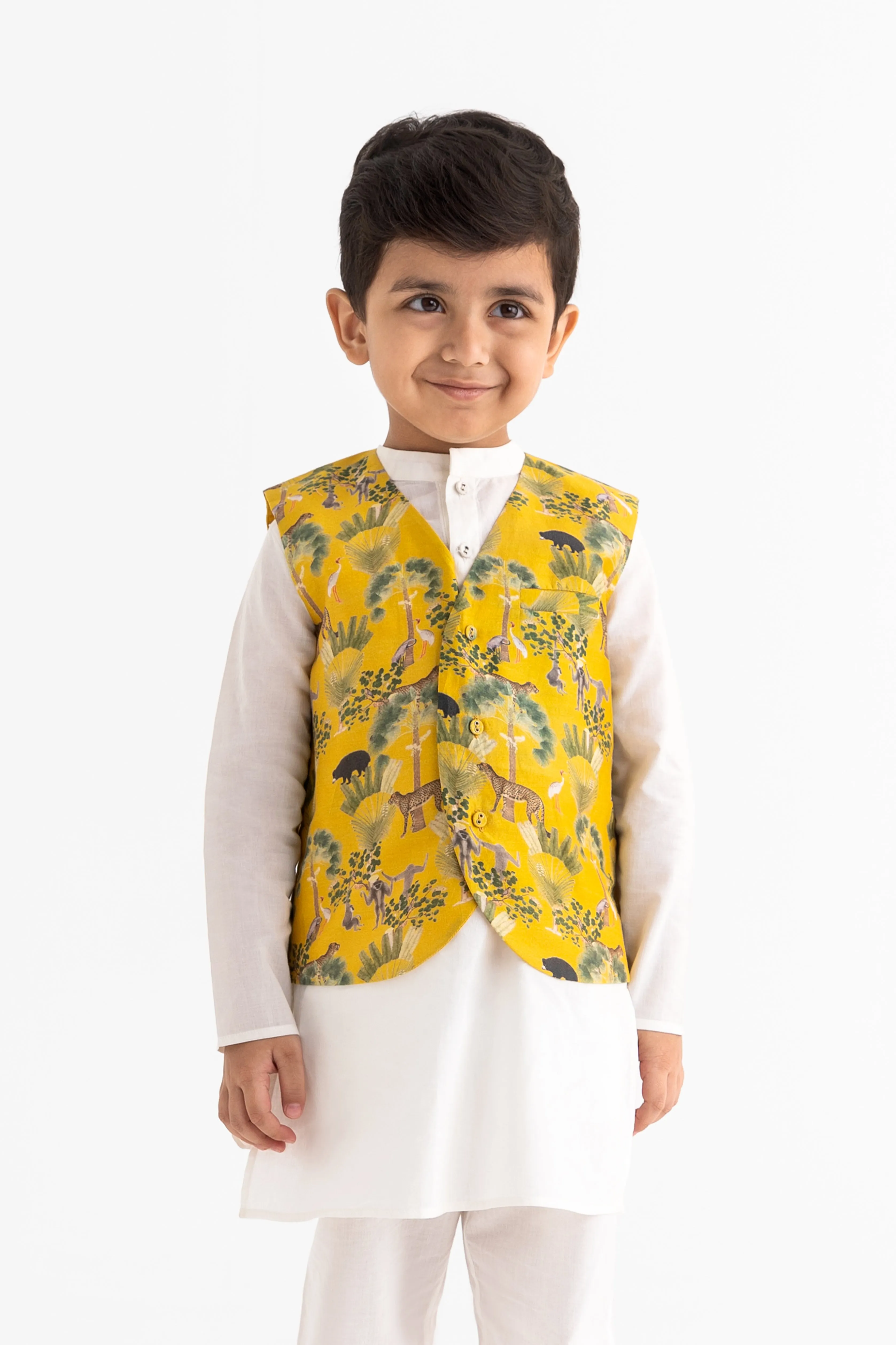 Ivory kurta and payjama with sunderban mustard bands - Kurta Pyjama & Bandi set