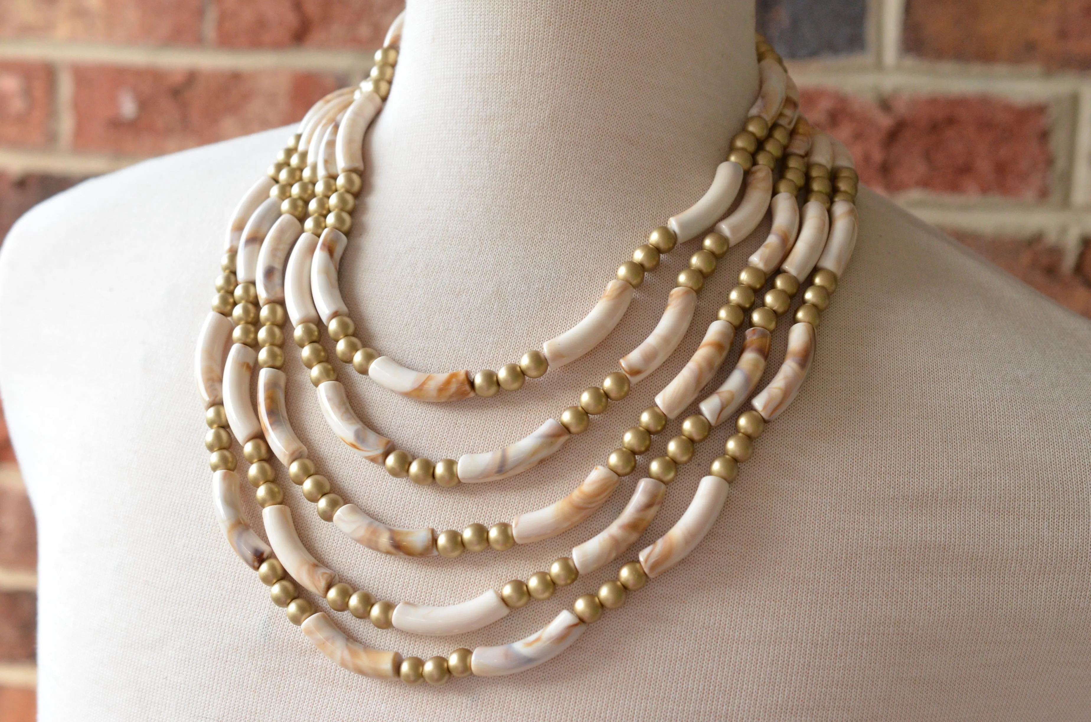 Ivory White Gold Acrylic Bead Multi Strand Statement Necklace - Tanya