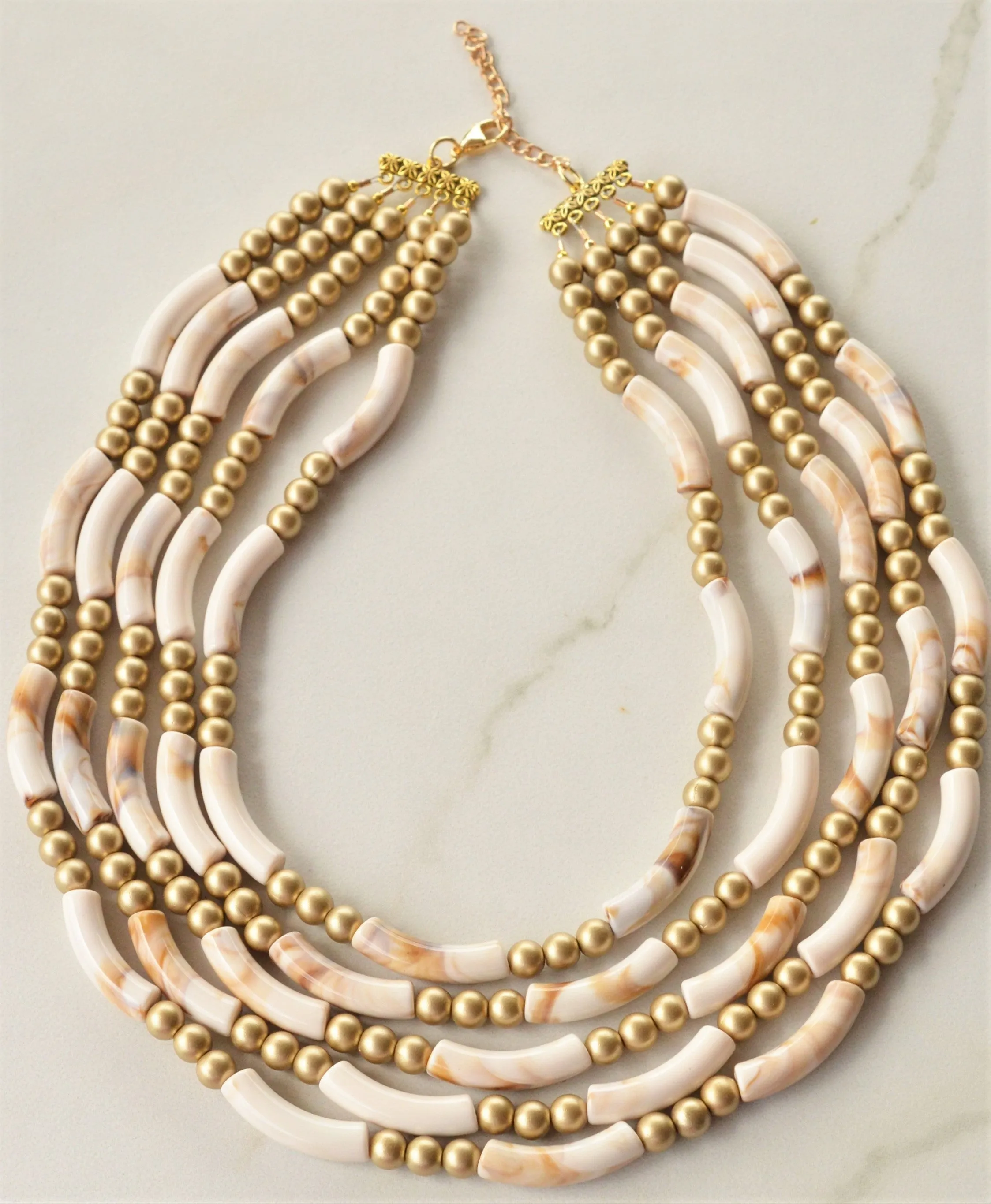 Ivory White Gold Acrylic Bead Multi Strand Statement Necklace - Tanya