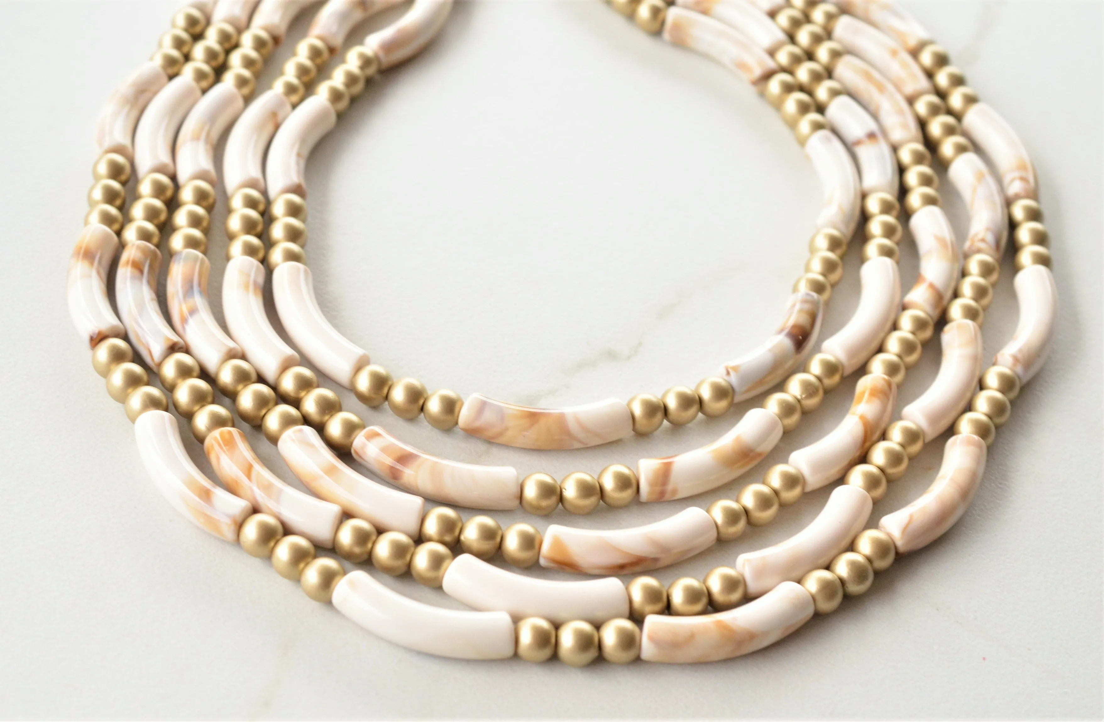 Ivory White Gold Acrylic Bead Multi Strand Statement Necklace - Tanya