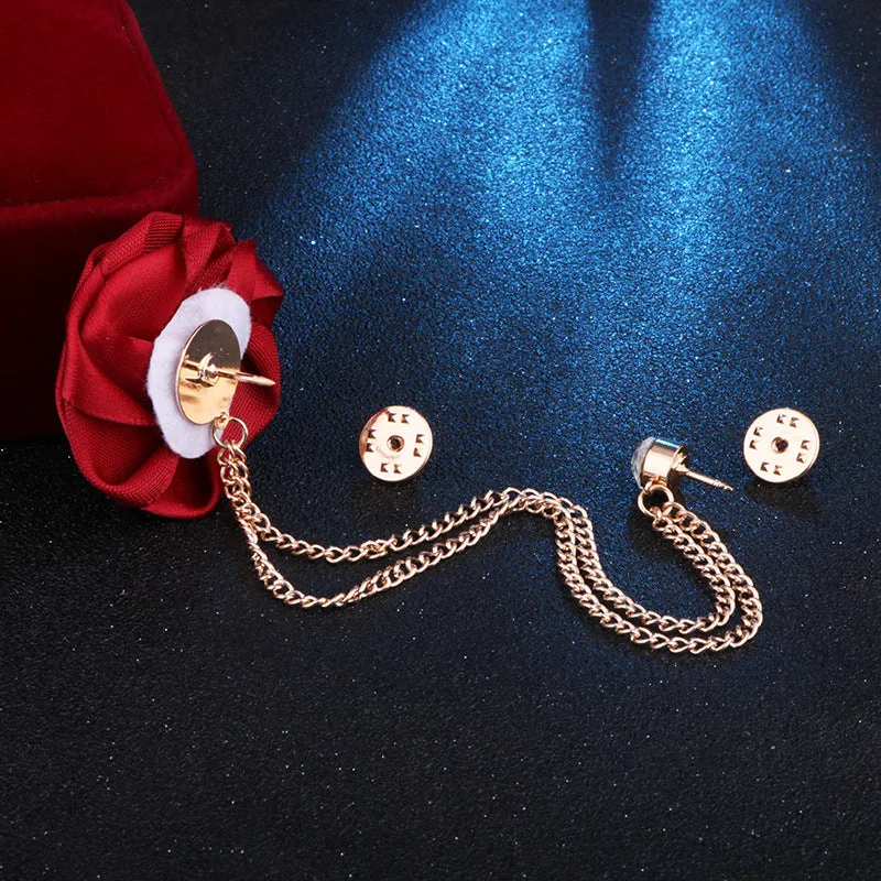 Korean Style Wedding Handmade Rose Flower Brooch Pin With Tassel Chain for Groom