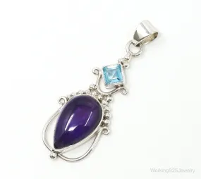 Large Vintage Blue Topaz Amethyst Sterling Silver Pendant