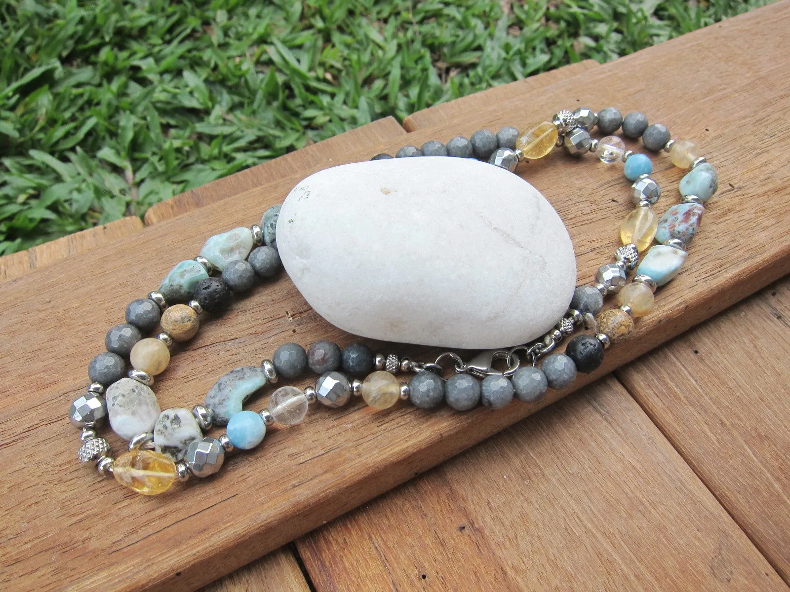 Larimar, Citrine Stainless Steel Clasp Necklace