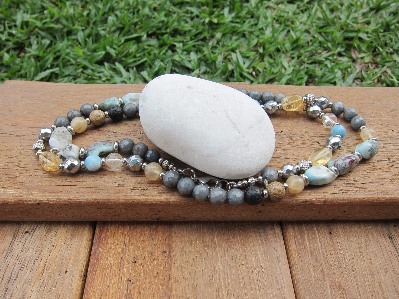 Larimar, Citrine Stainless Steel Clasp Necklace