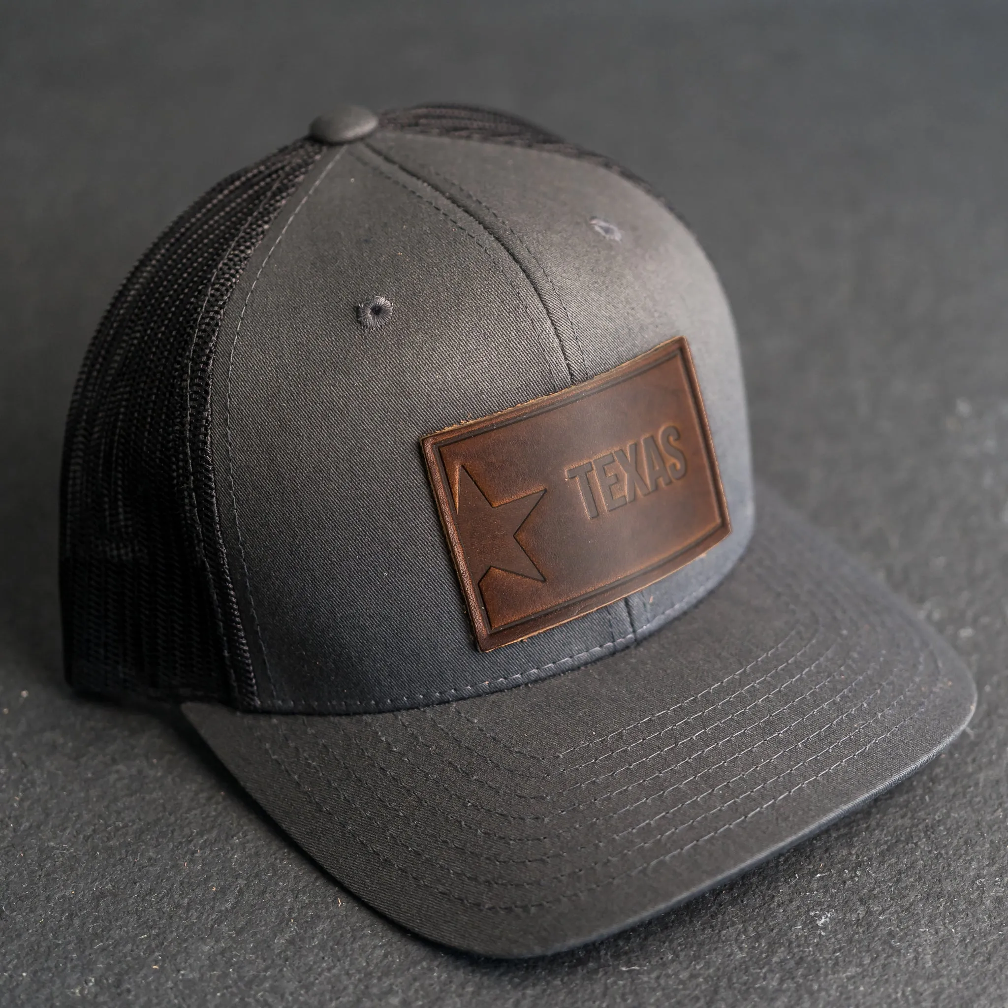 Leather Patch Trucker Style Hat - Texas License Plate Stamp