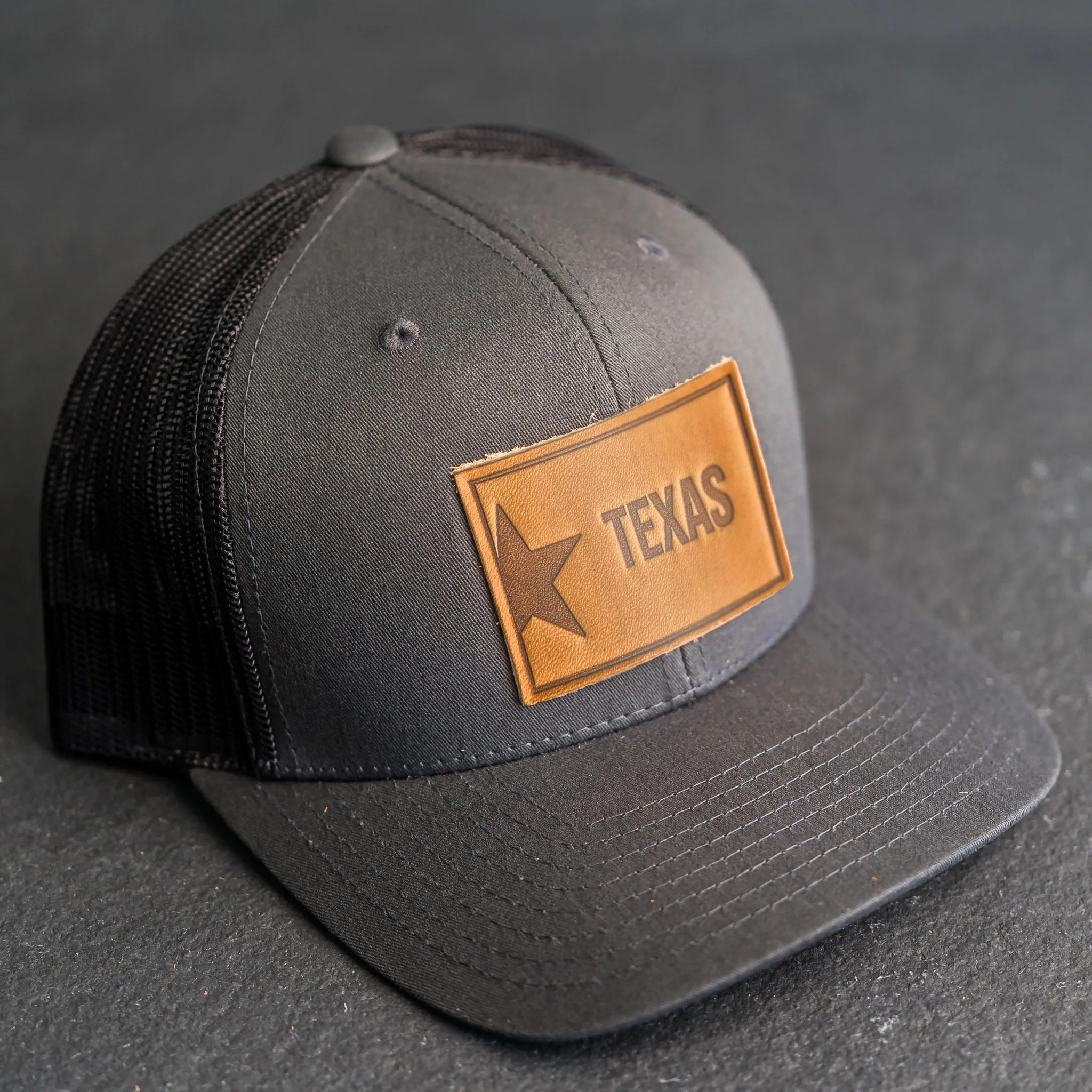 Leather Patch Trucker Style Hat - Texas License Plate Stamp