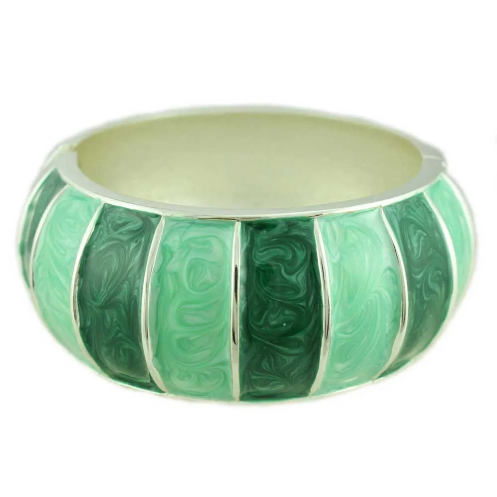 Light and Dark Green Striped Enamel Hinged Bangle - BG503