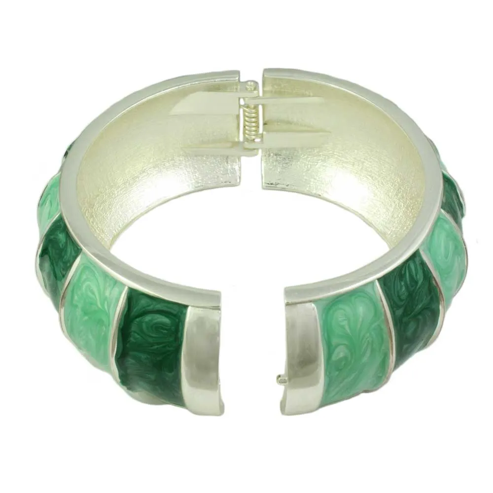 Light and Dark Green Striped Enamel Hinged Bangle - BG503