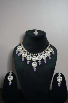 Light Purple Colour Kundan Necklace with Earring & Maang Tikka