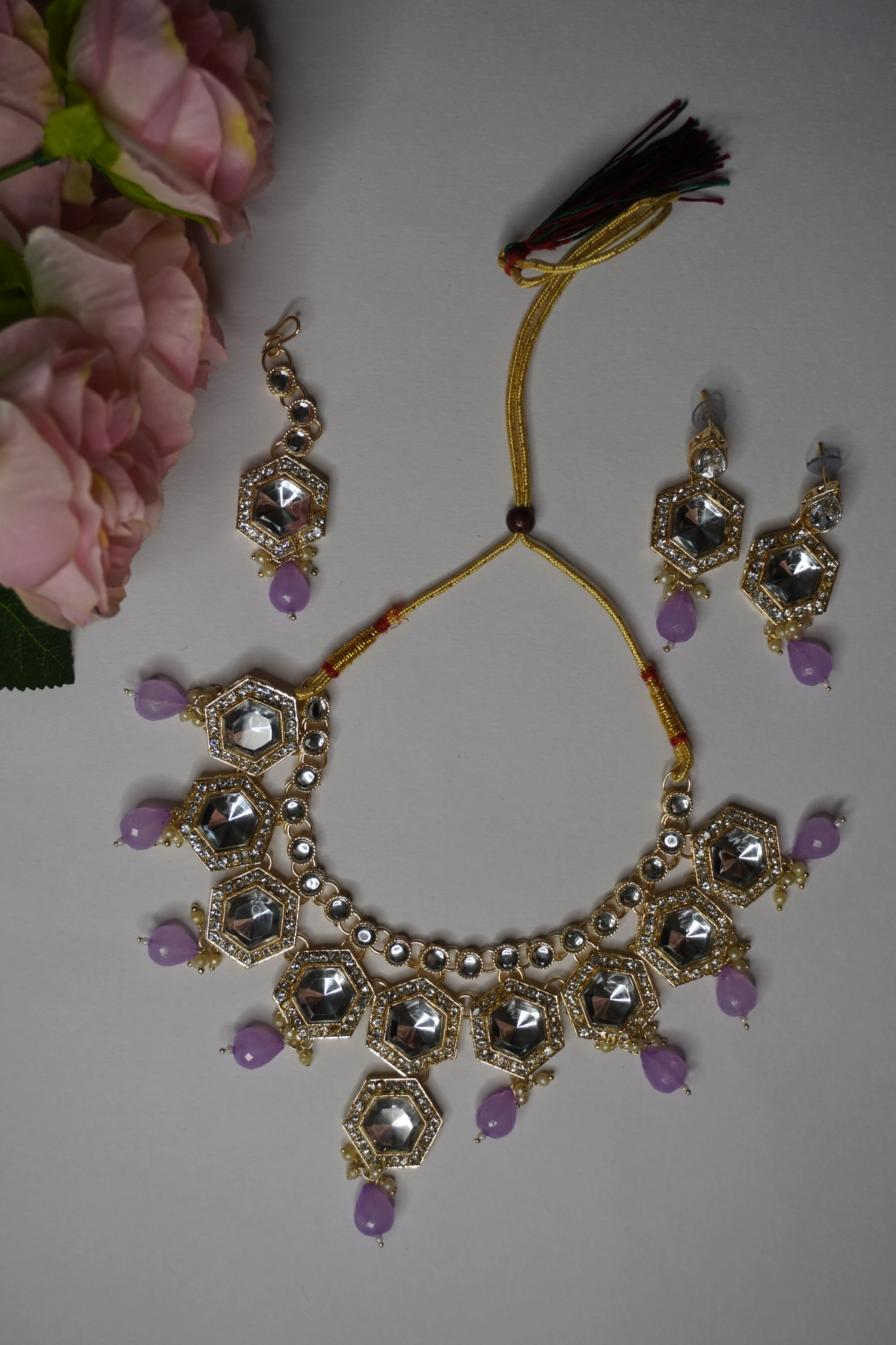 Light Purple Colour Kundan Necklace with Earring & Maang Tikka