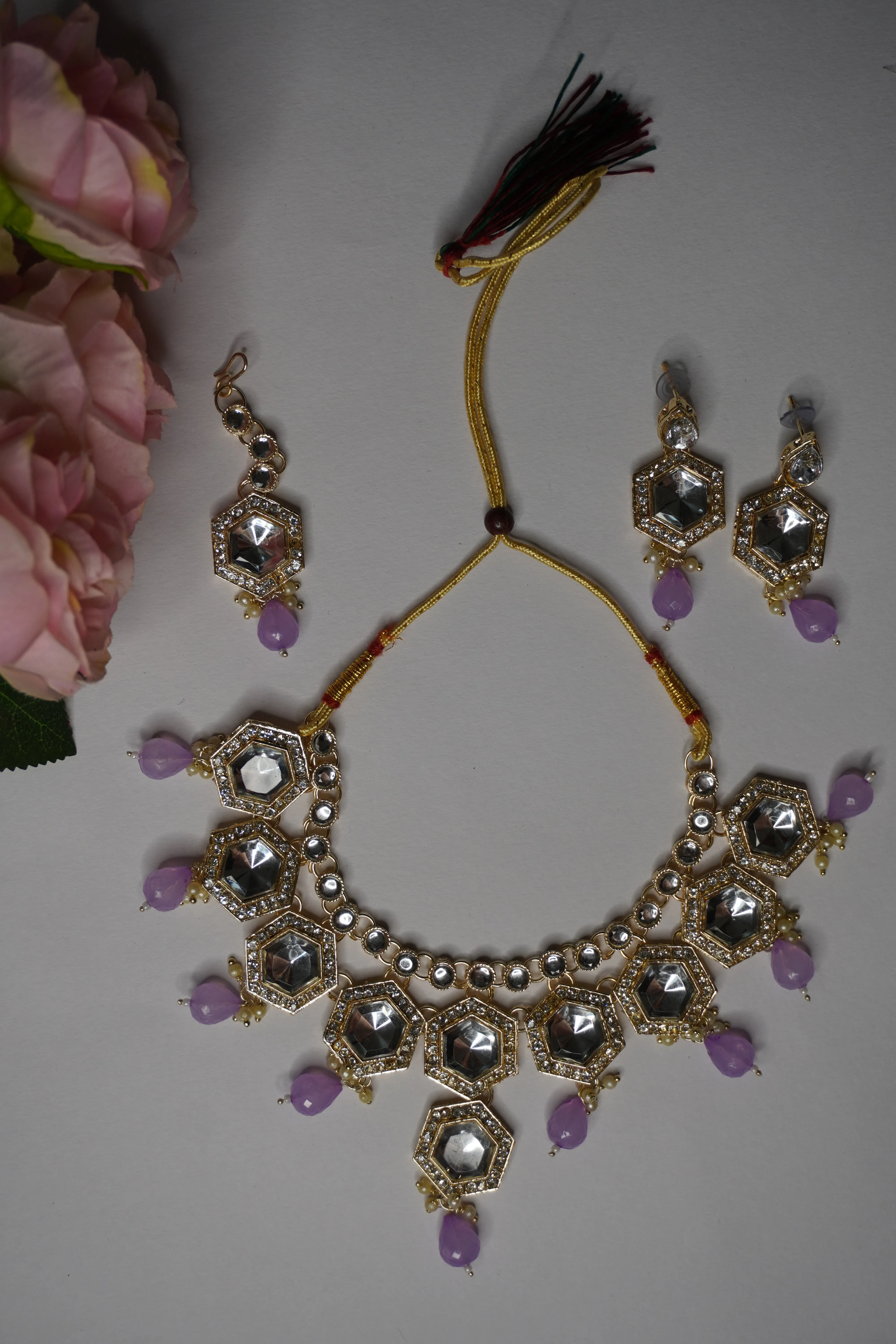 Light Purple Colour Kundan Necklace with Earring & Maang Tikka