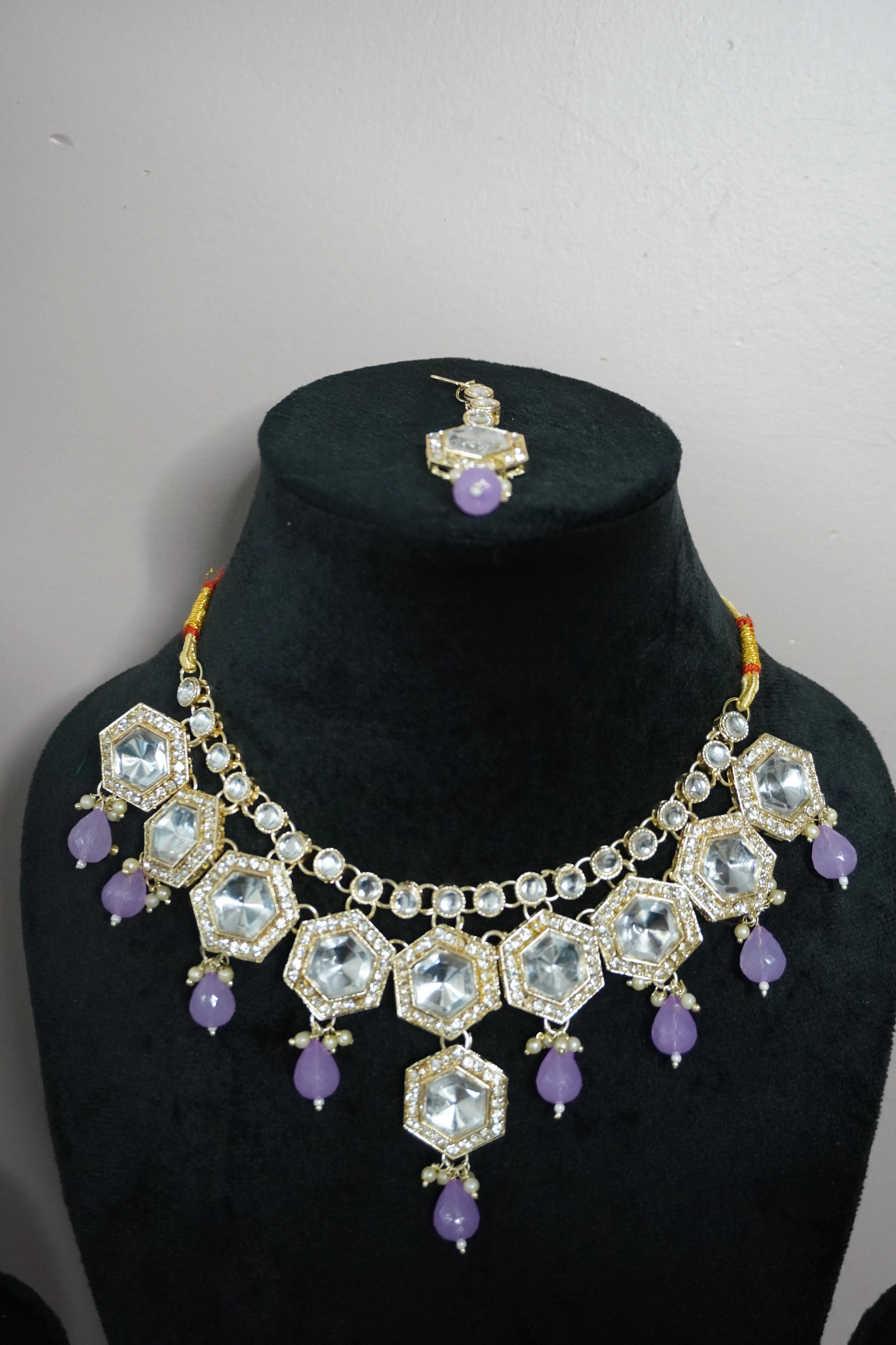 Light Purple Colour Kundan Necklace with Earring & Maang Tikka