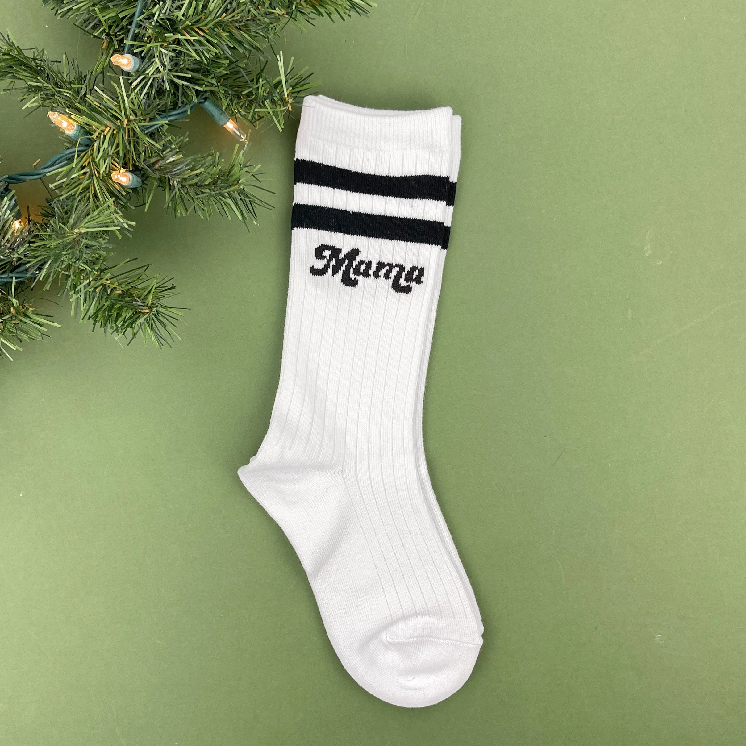 LMSS® MAMA CREW SOCKS - White w/ Black Retro Font