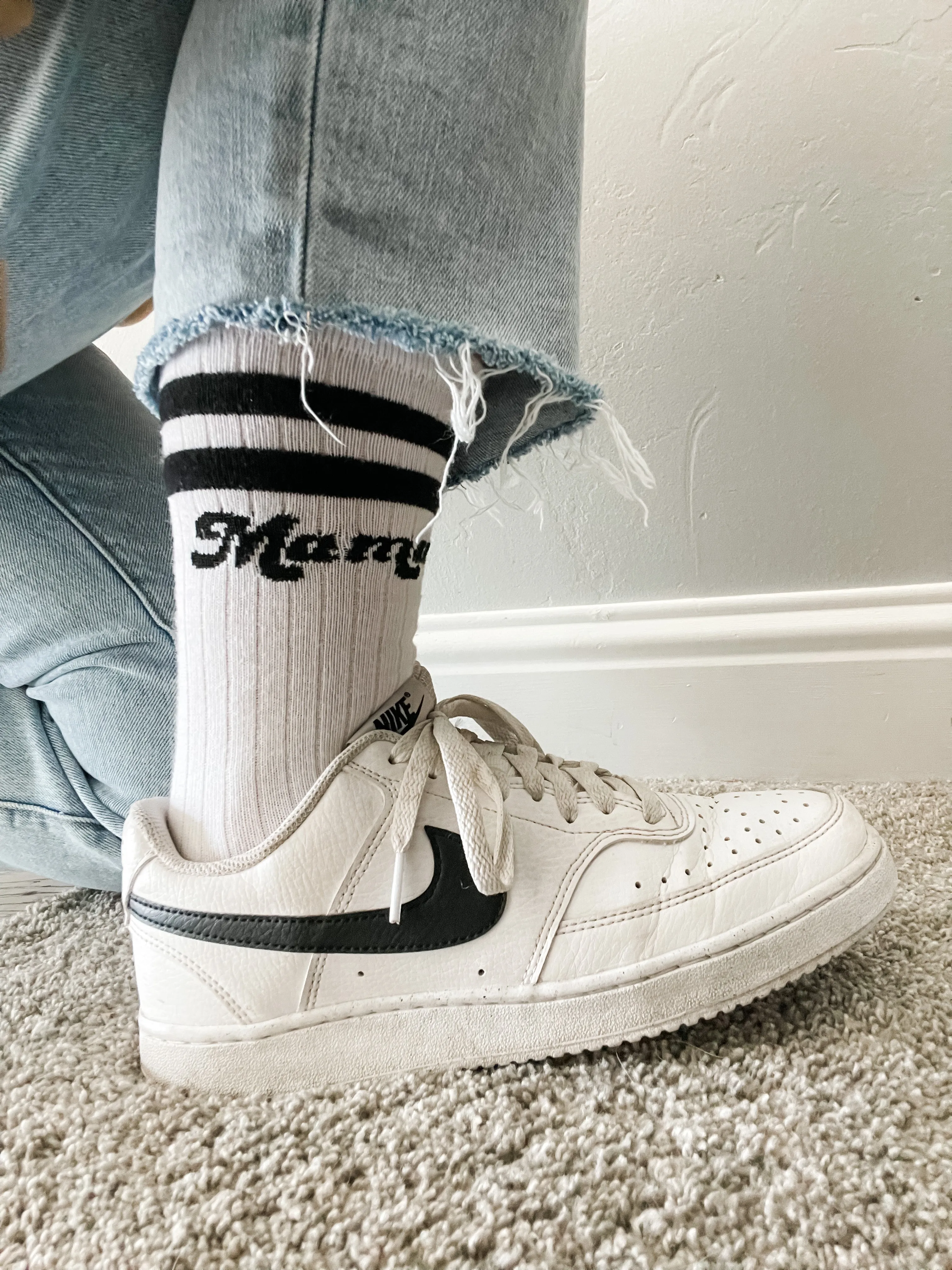 LMSS® MAMA CREW SOCKS - White w/ Black Retro Font