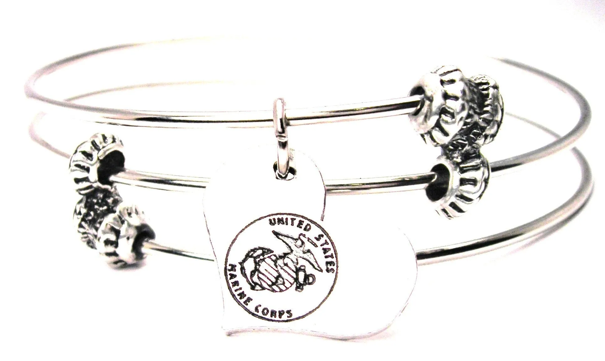 Marine Symbol Center Heart Triple Style Expandable Bangle Bracelet