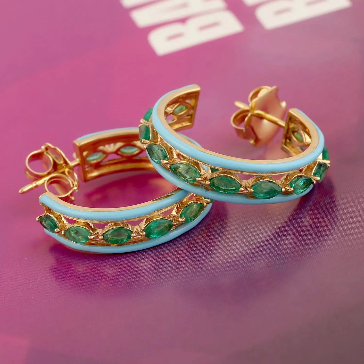 Marquise Cut Emerald May Birthstone Unique Enamel Hoop Earrings 18k Yellow Gold